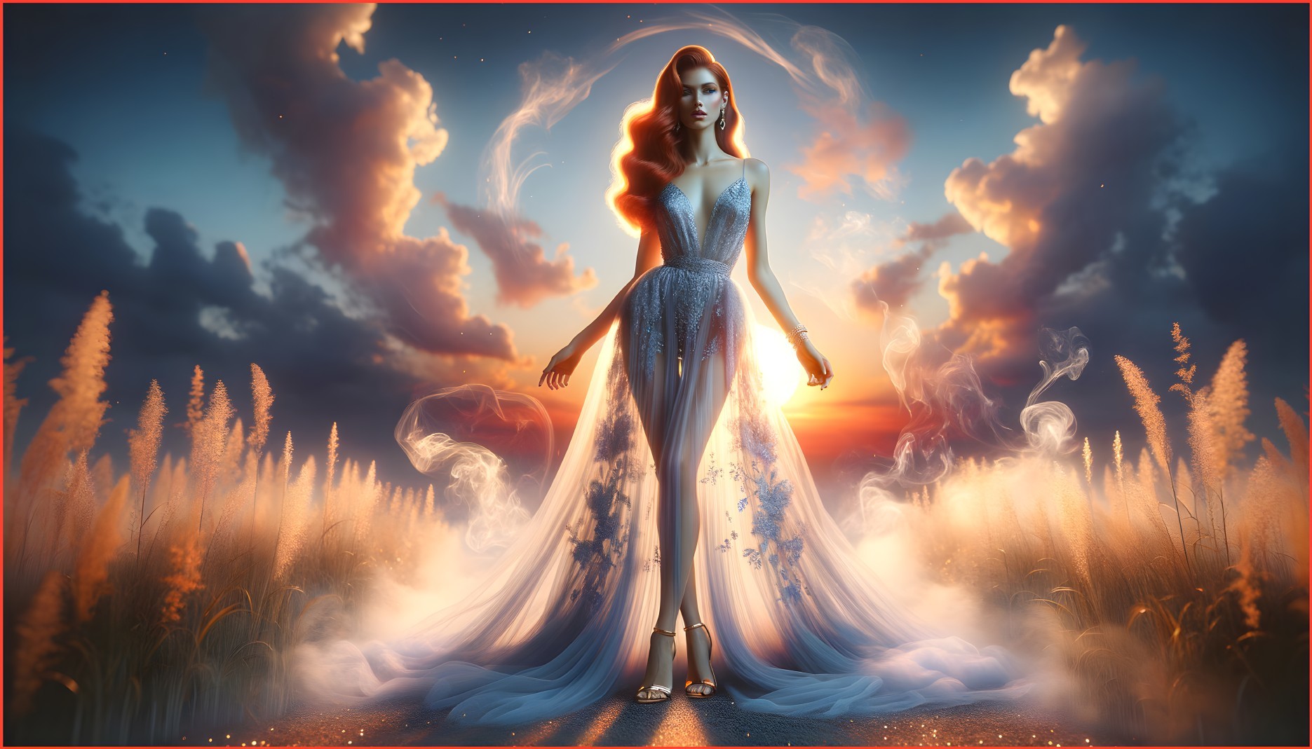 Elegant Figure in Flowing Gown at Sunset Scene