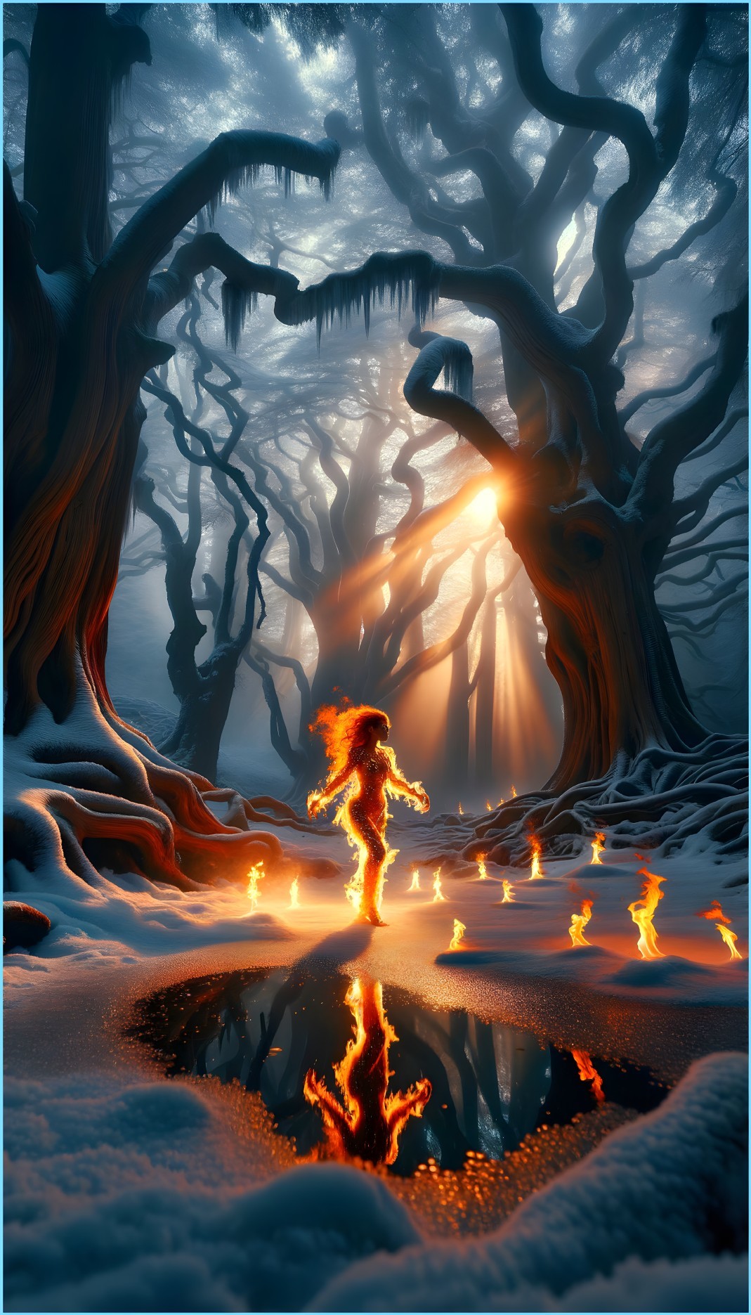 Mystical forest scene with dancing figure and flames