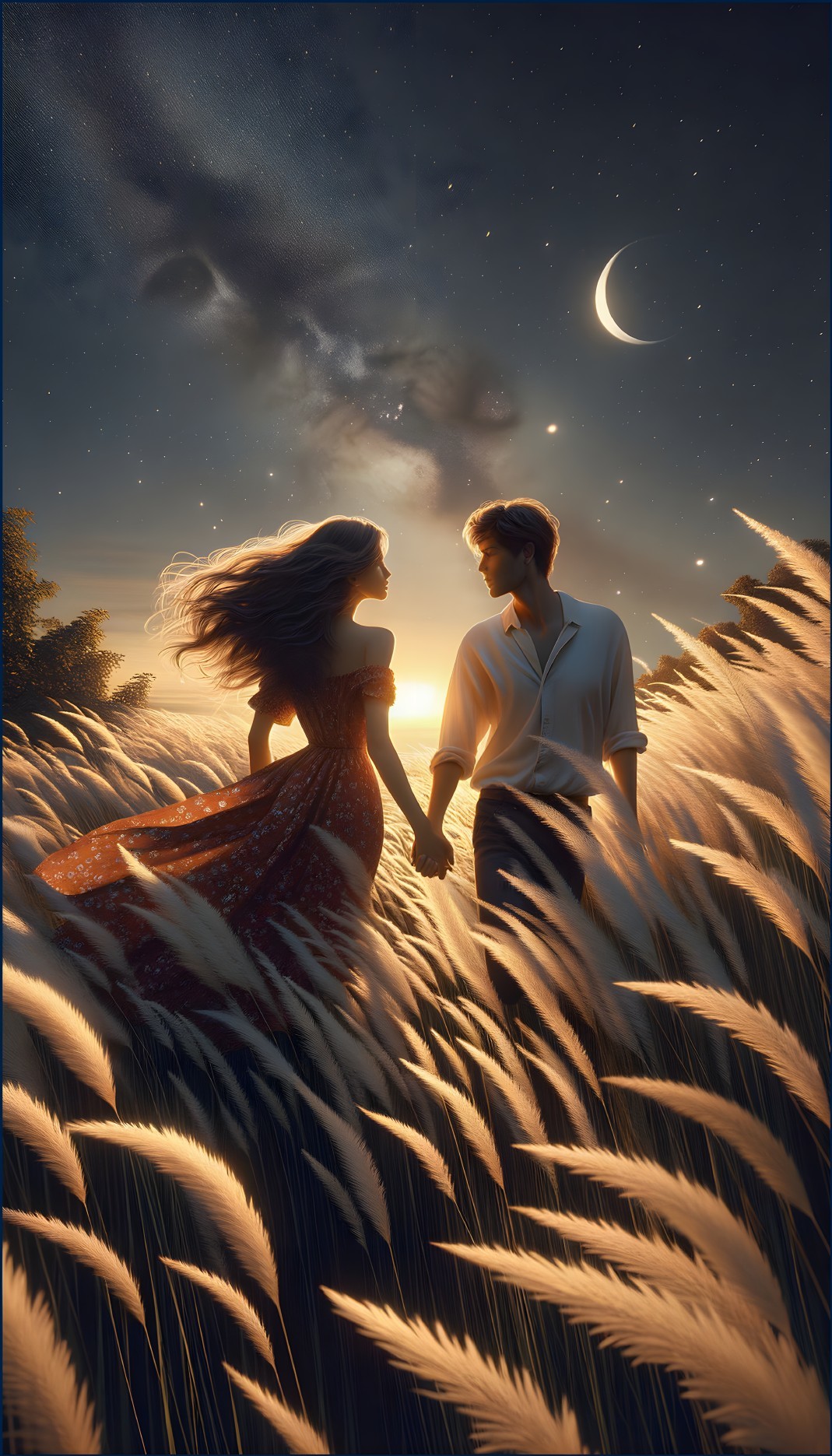 Couple in Twilight Among Golden Fields and Stars