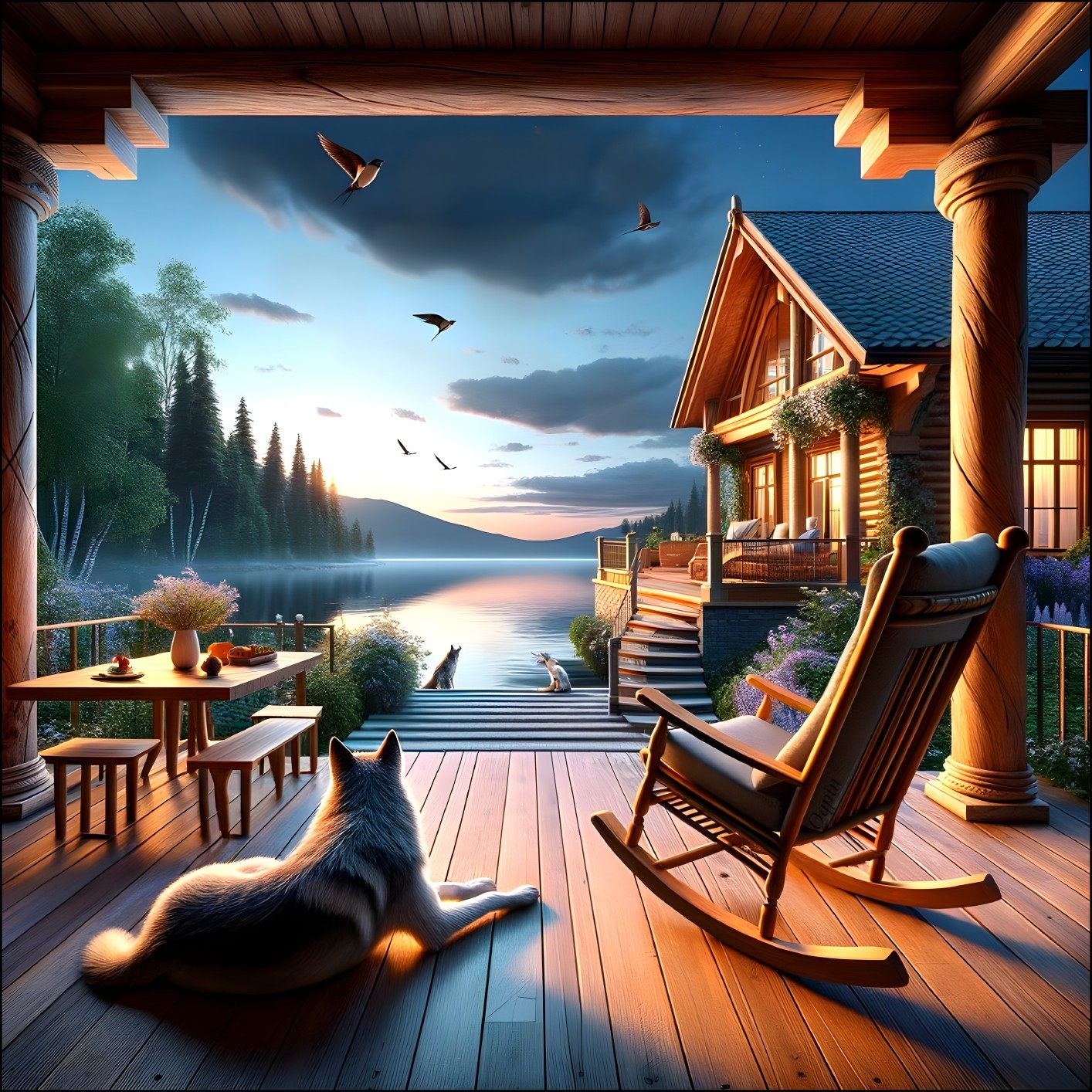 Serene Lakeside Cabin Scene at Sunset with Dog