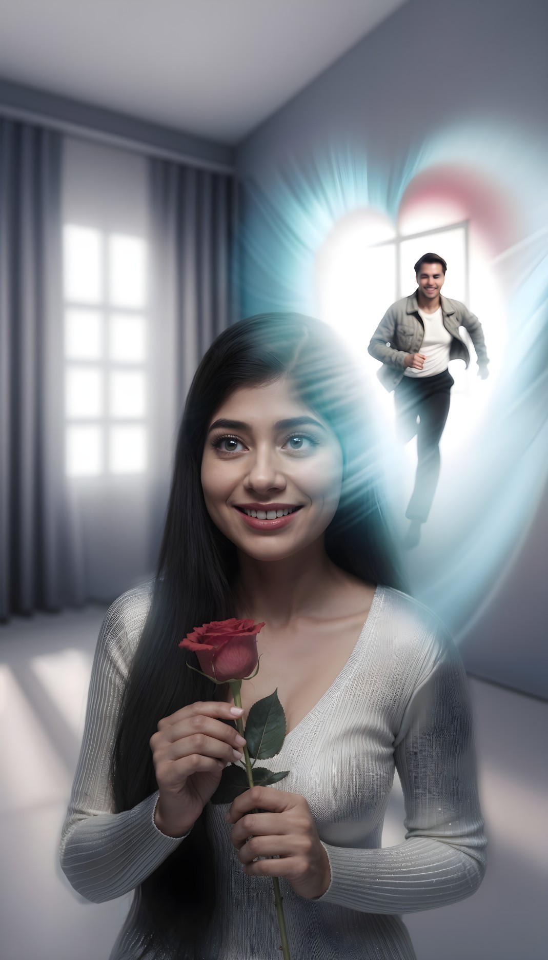 Young Woman with Red Rose in Heart-Shaped Portal