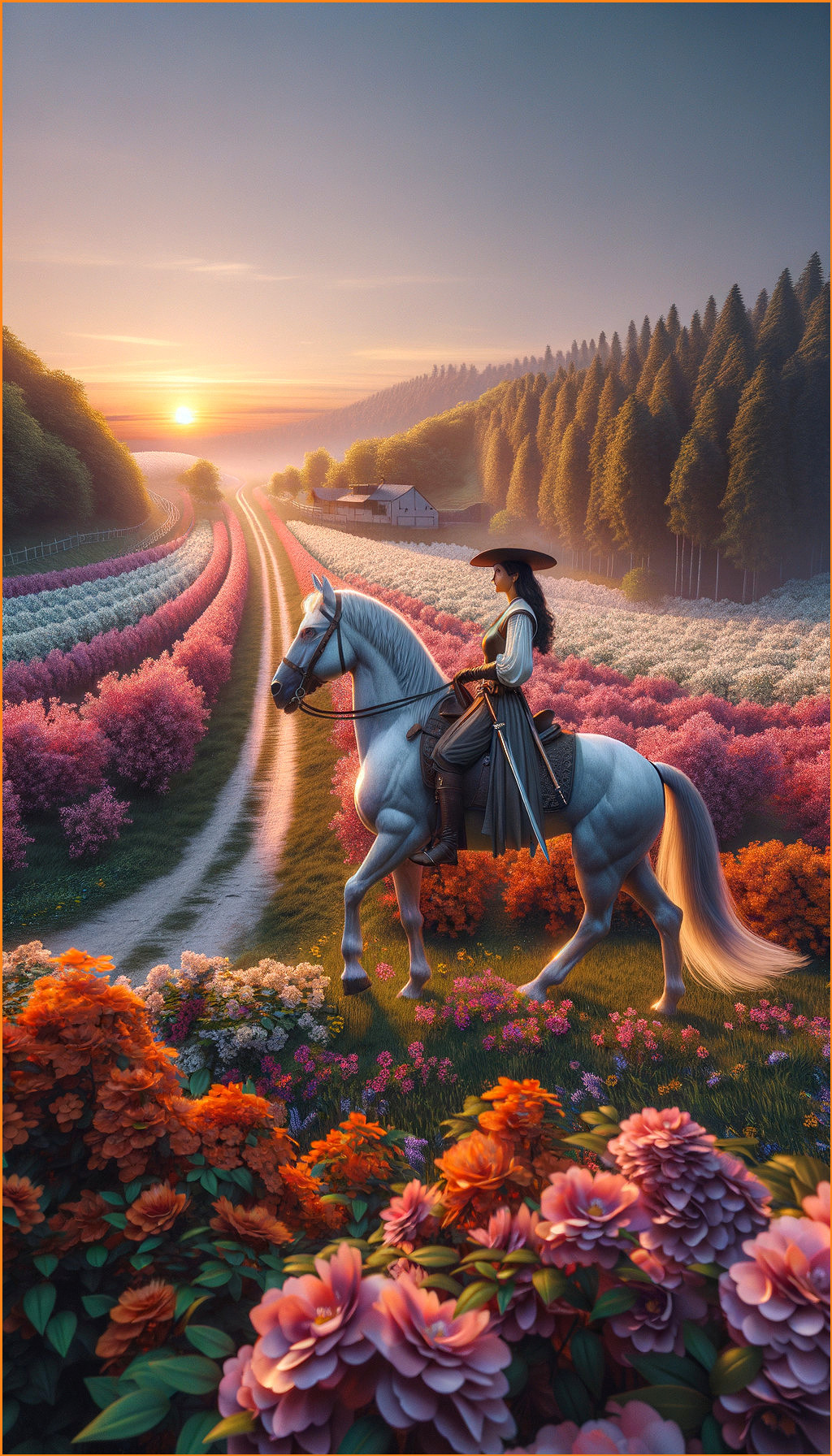 Serene Sunrise Landscape with Rider and Blooming Flowers