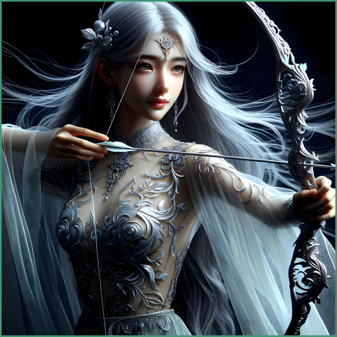 Mythical Archer in Ethereal Gown with Silver Hair