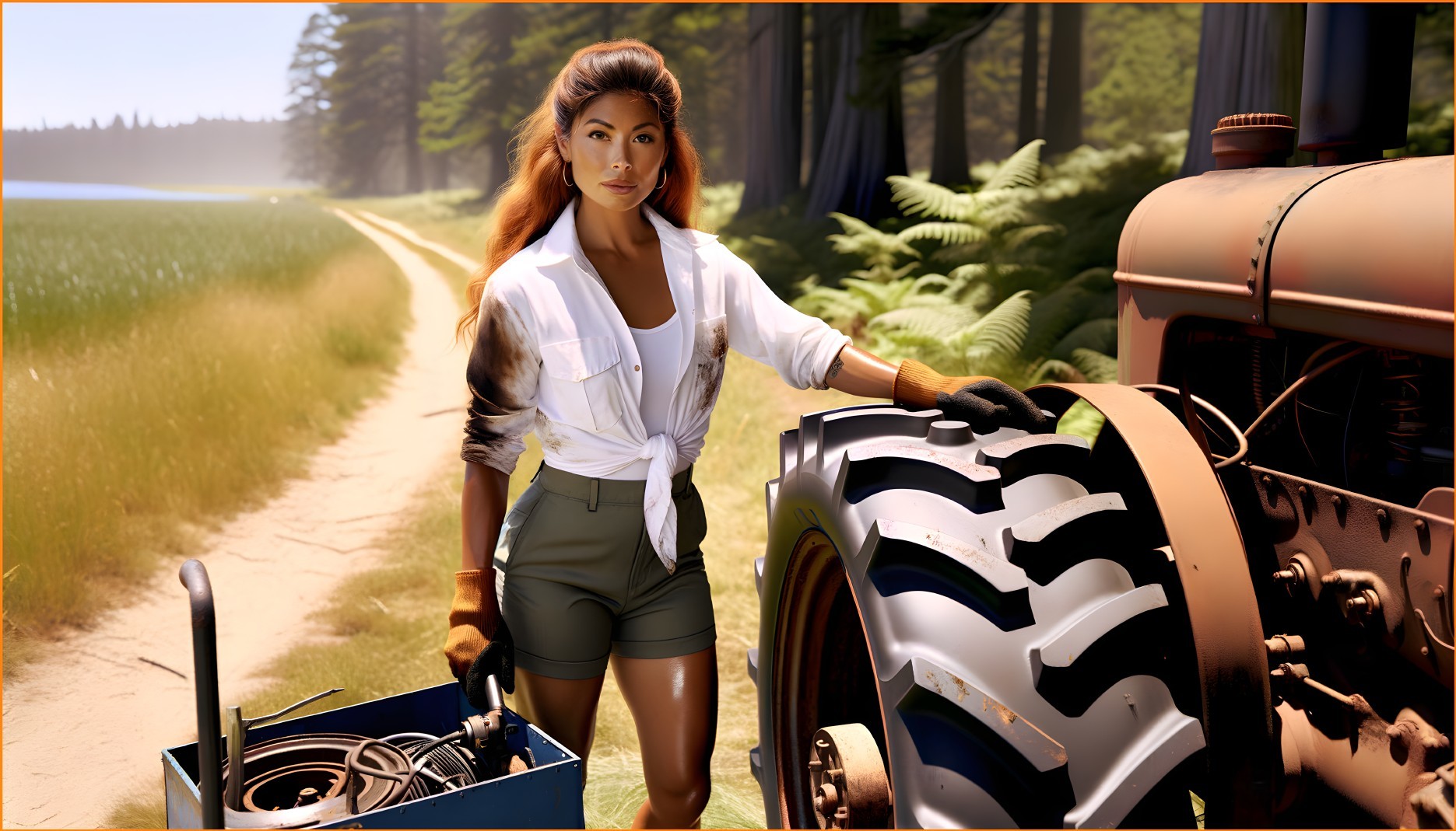 Strong Woman with Toolbox by Vintage Tractor in Forest