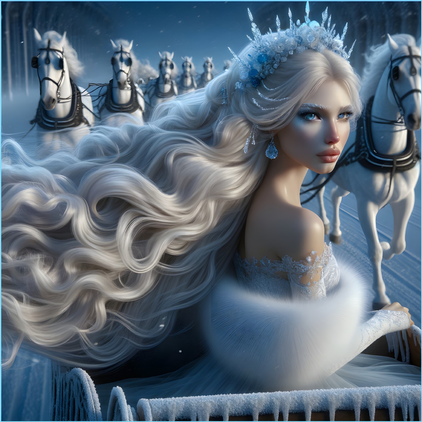 Elegant Woman in Ice-Themed Outfit in Sleigh Scene