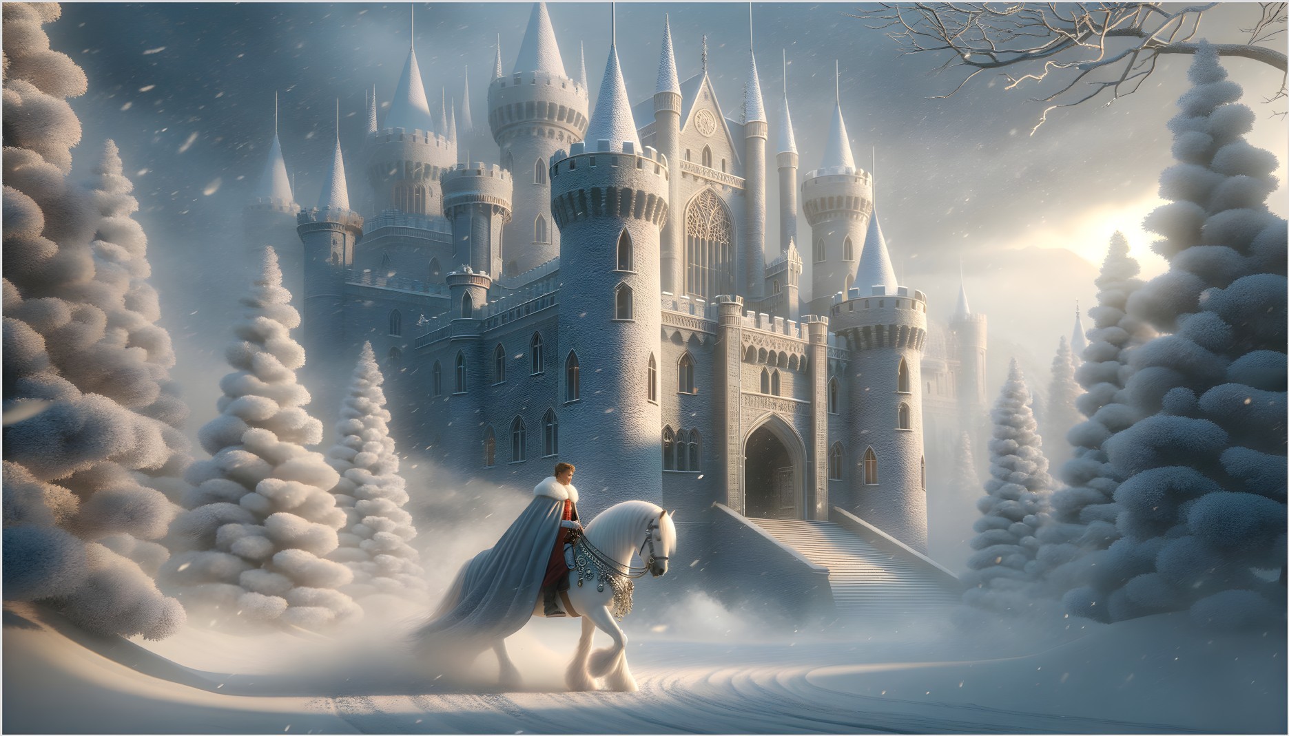 Majestic Castle in Snowy Winter Landscape