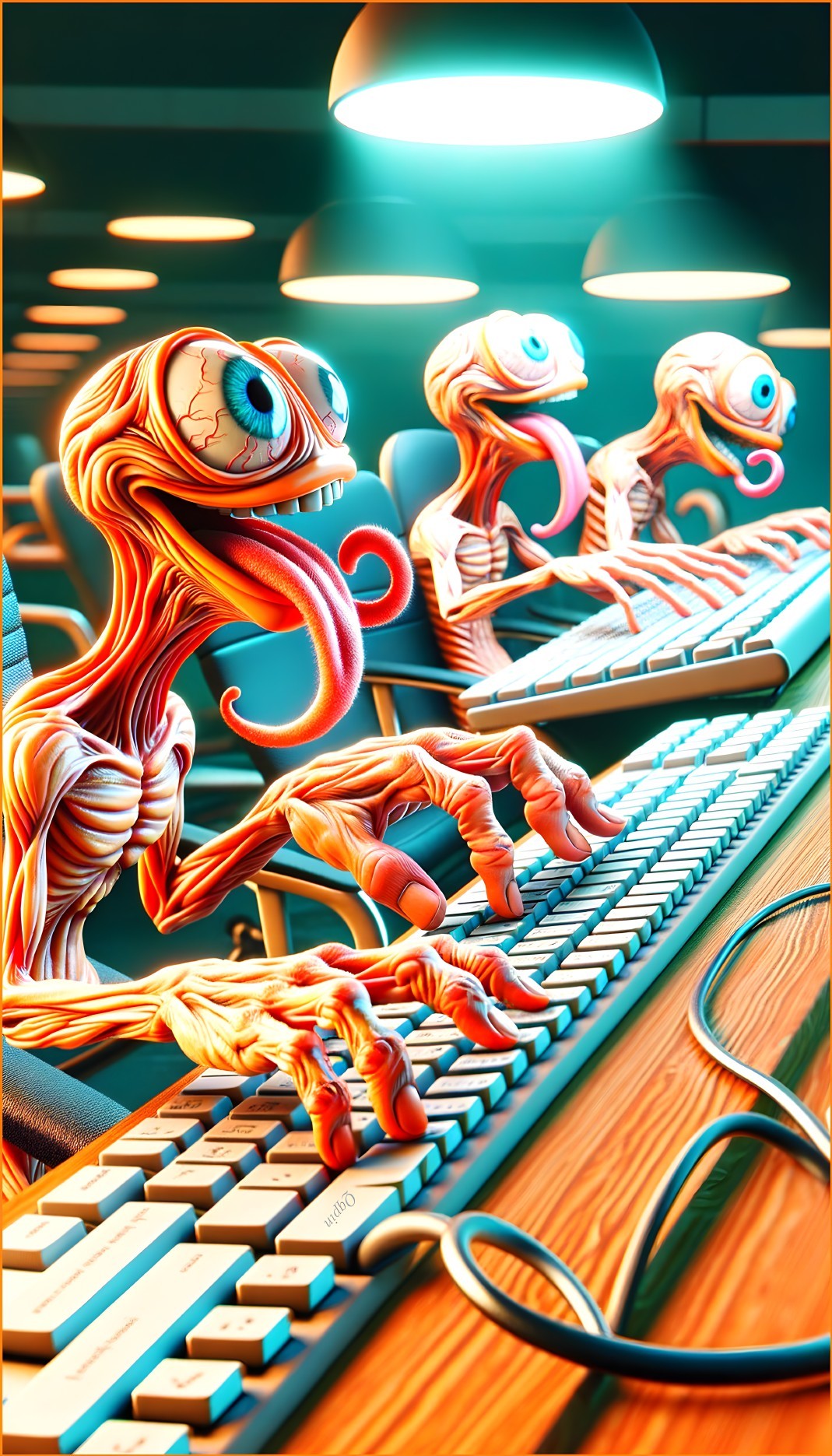 Fantastical Creatures Typing at Computer Desks