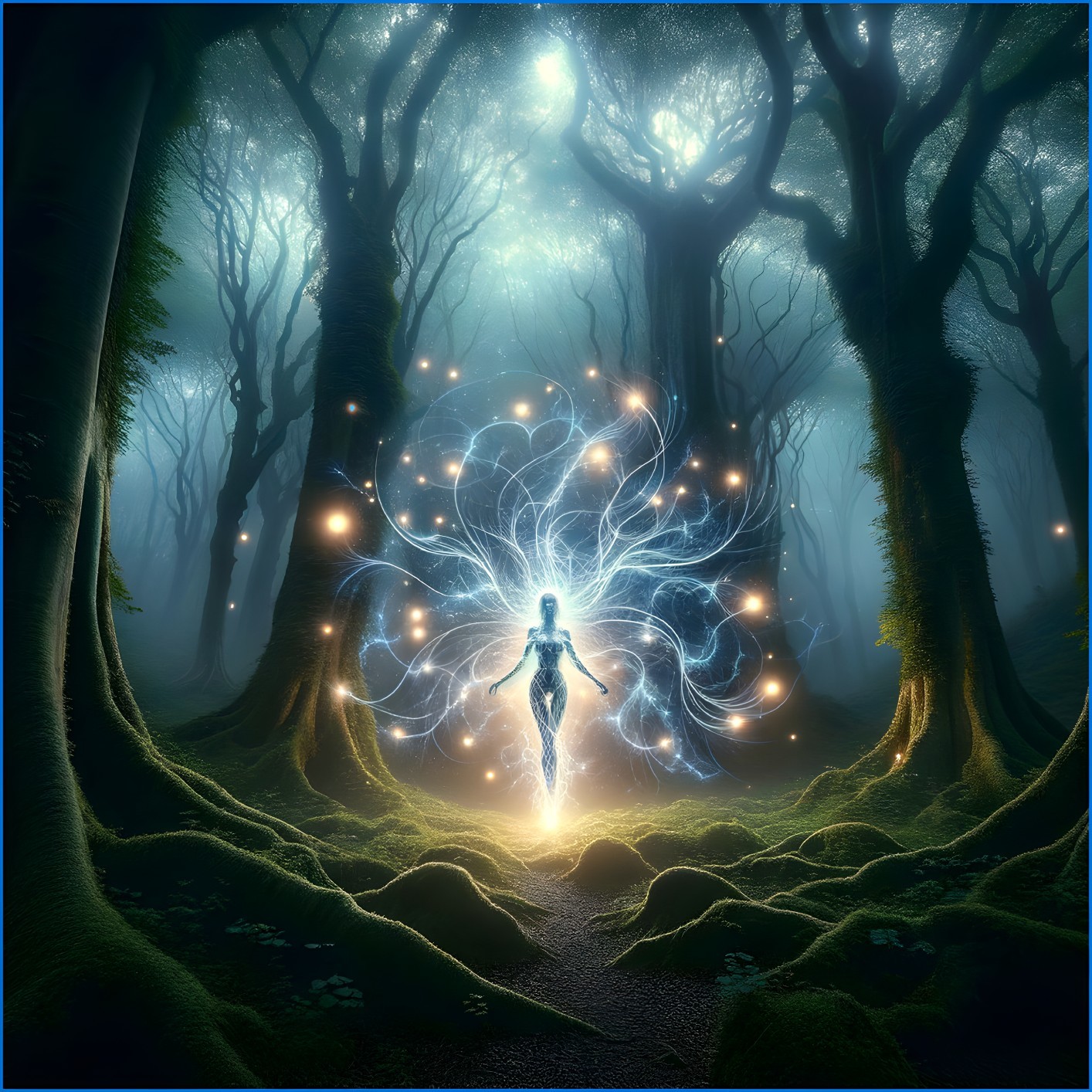 Luminescent Figure in a Mystical Forest Setting