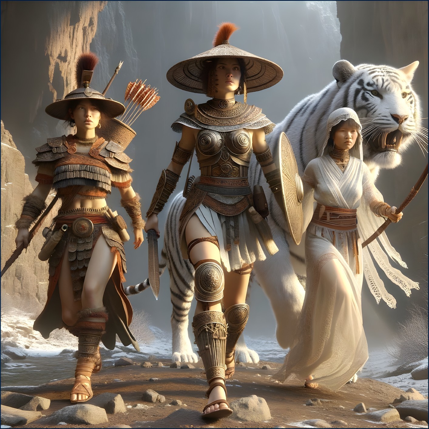Warriors in Armor with a White Tiger in Canyon