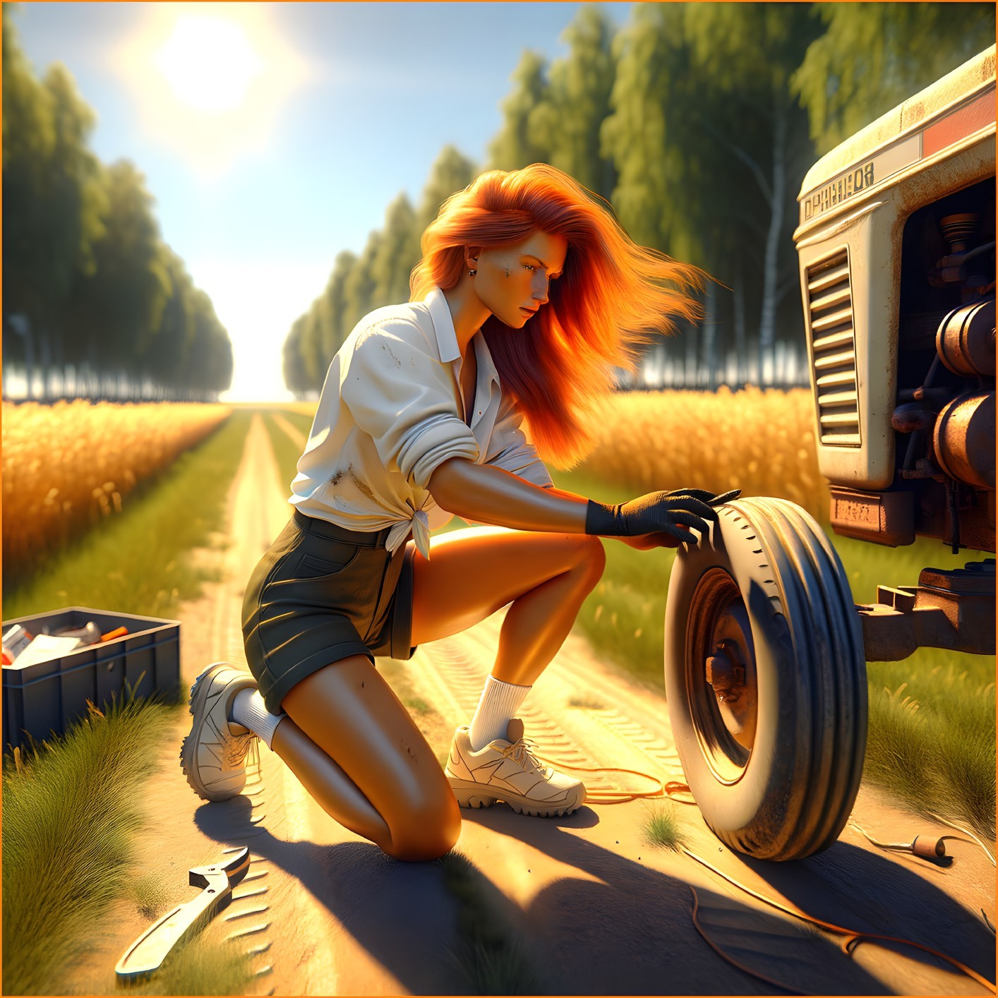 Young Woman Changing Tire on a Rural Path