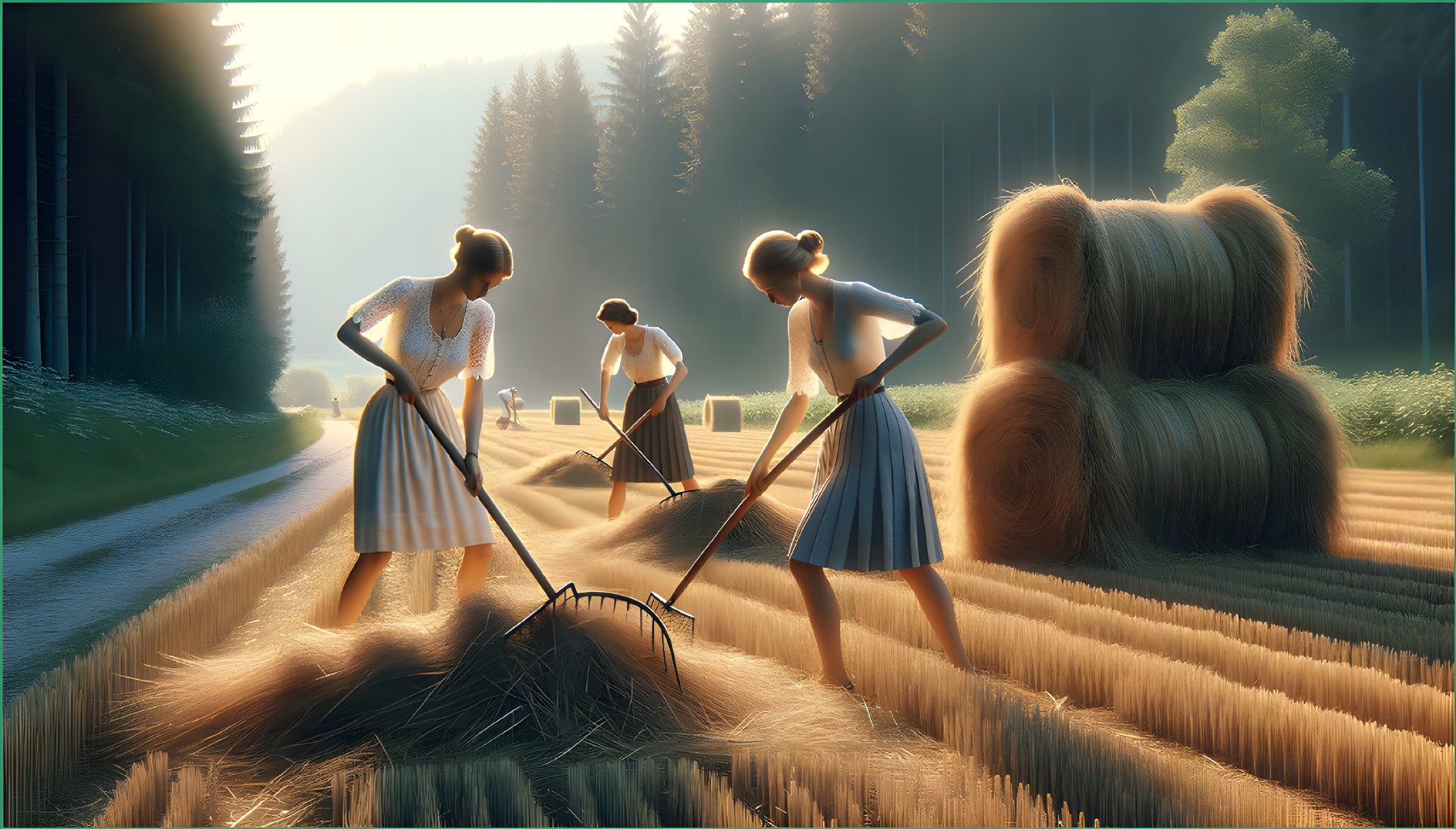 Women in Vintage Dresses Harvesting Hay in a Field