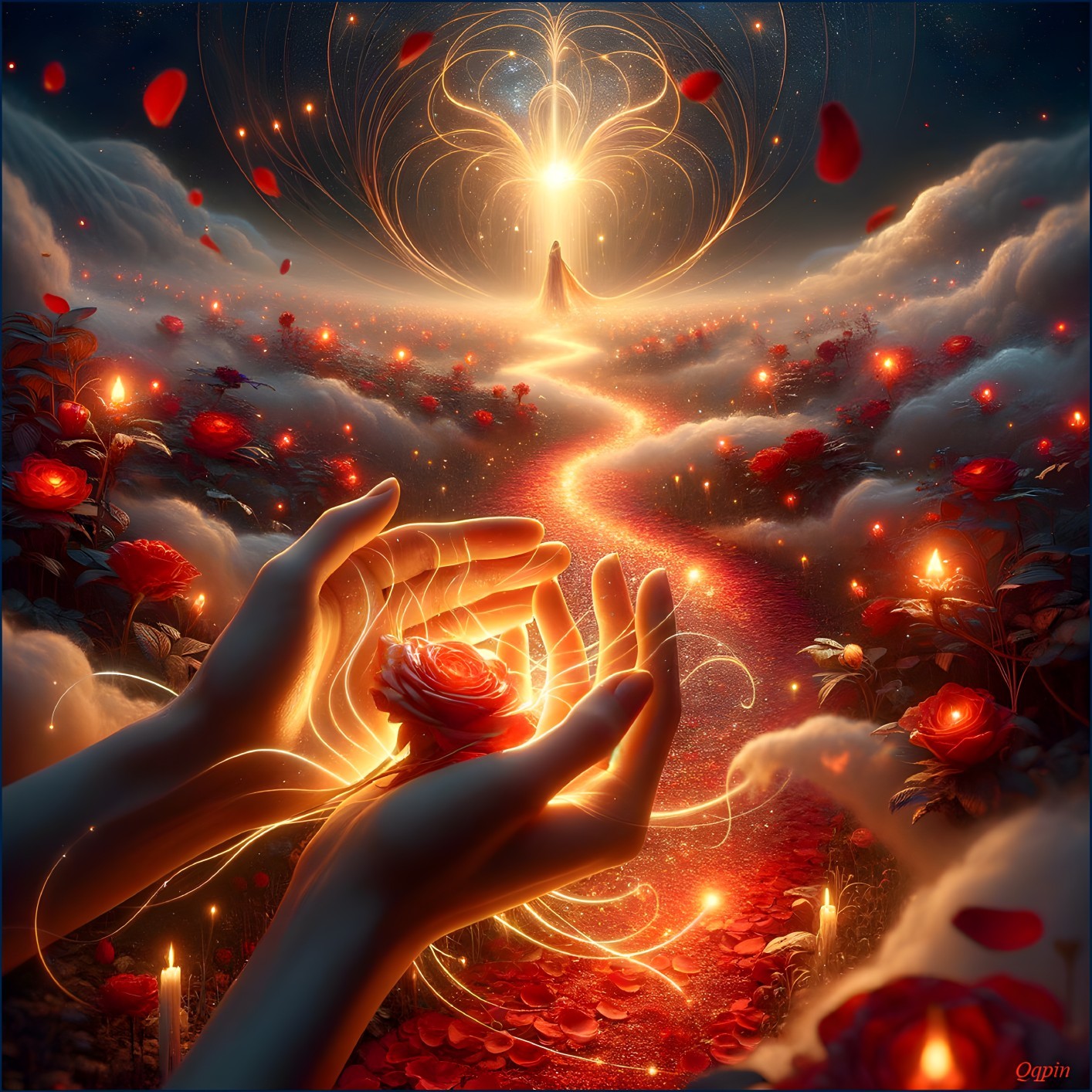 Surreal Scene with Radiant Light and Glowing Rose