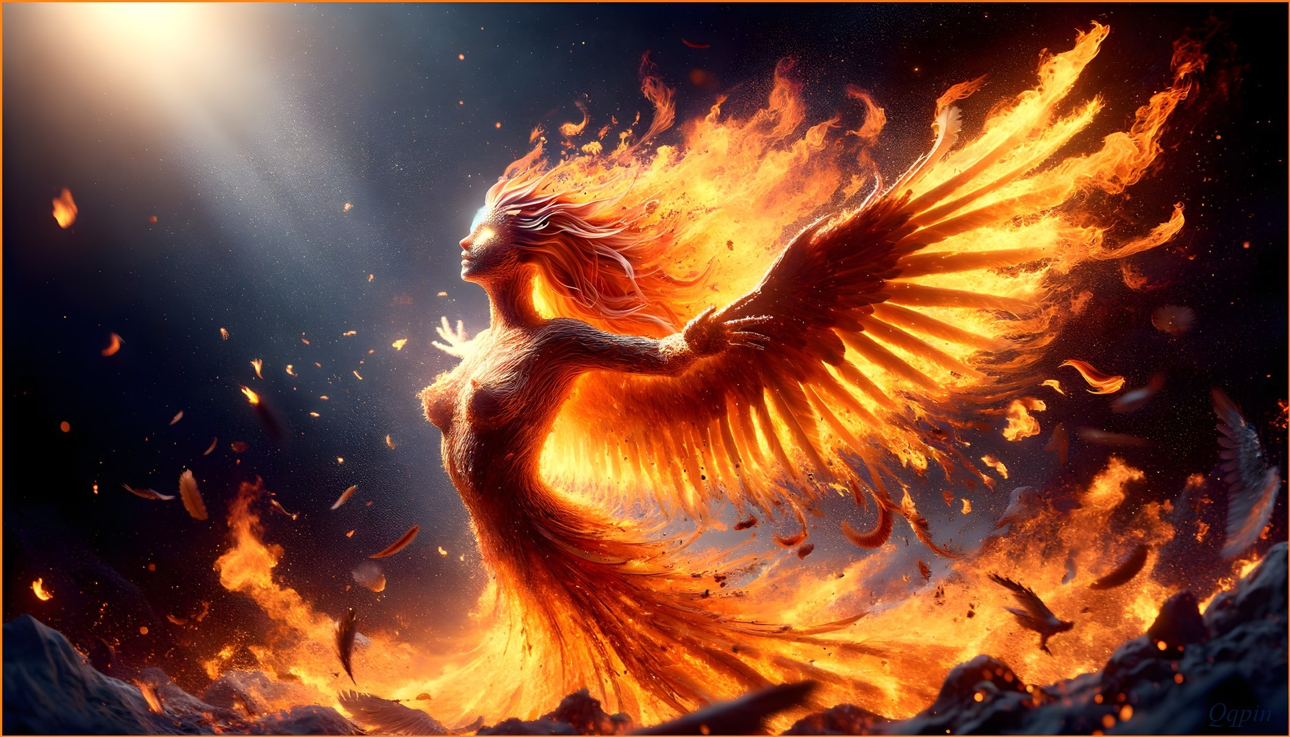 Phoenix Figure Surrounded by Flames and Embers