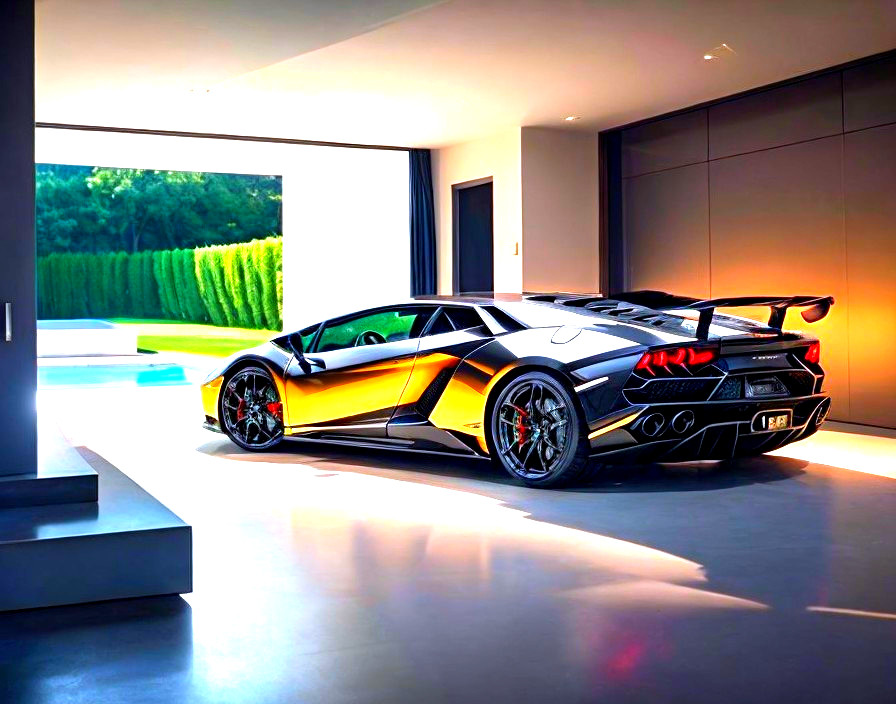 Black and Gold Sports Car in Modern Garage Setting