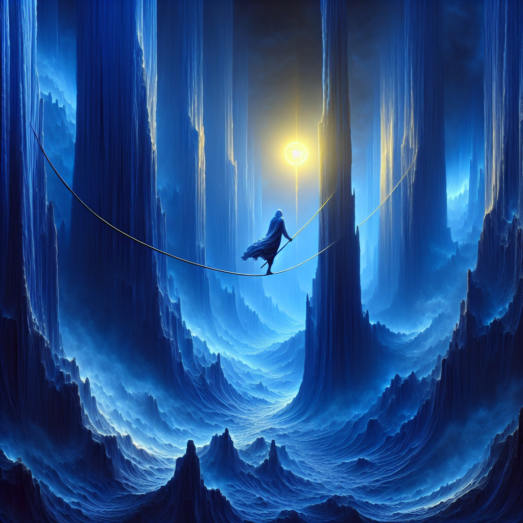 Surreal Landscape with Cloaked Figure on Tightrope