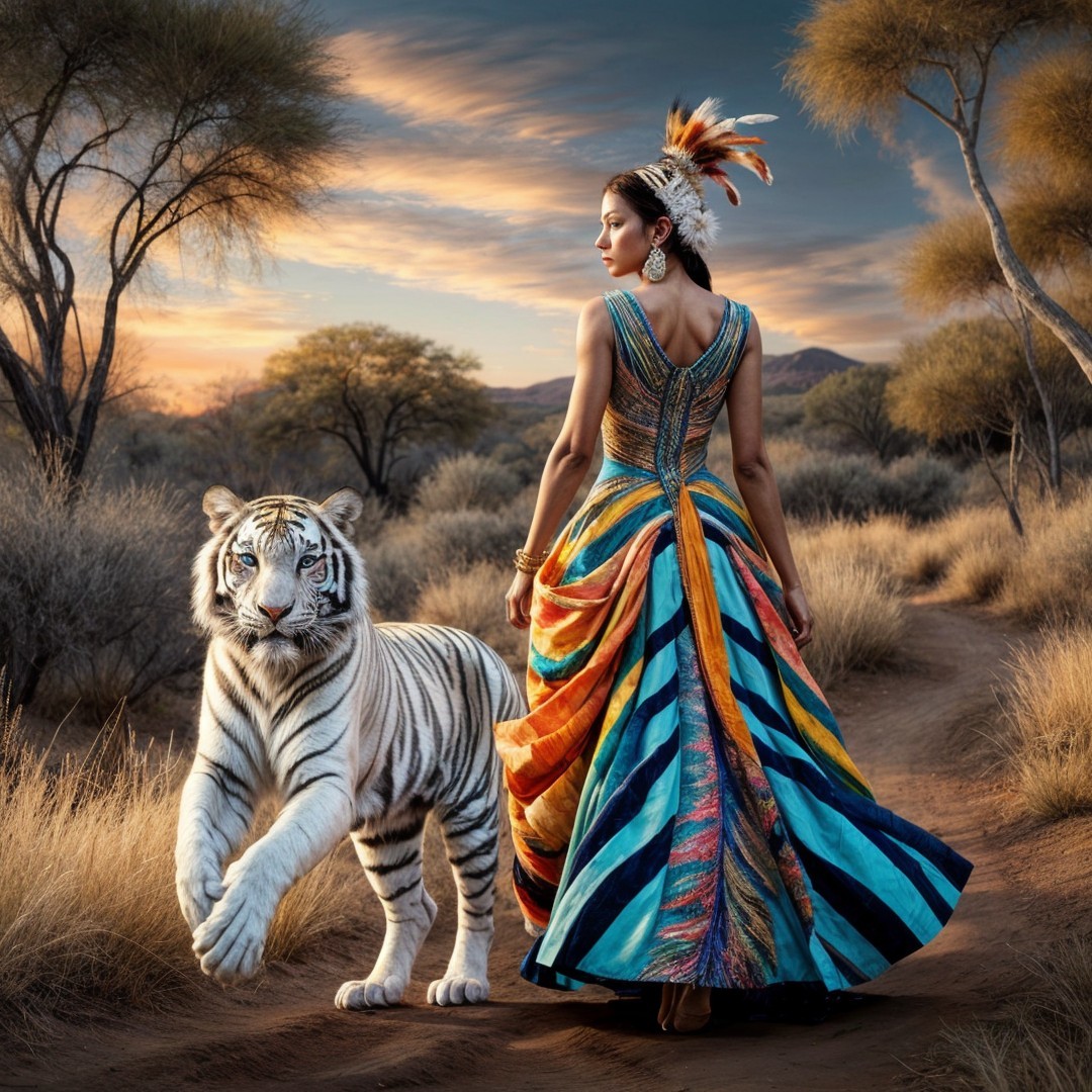 Woman in vibrant dress walks with white tiger at sunset