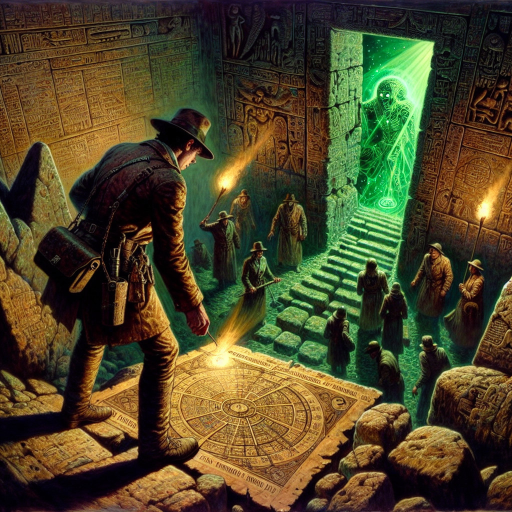 Explorer Examines Ancient Stone Tablet with Portal