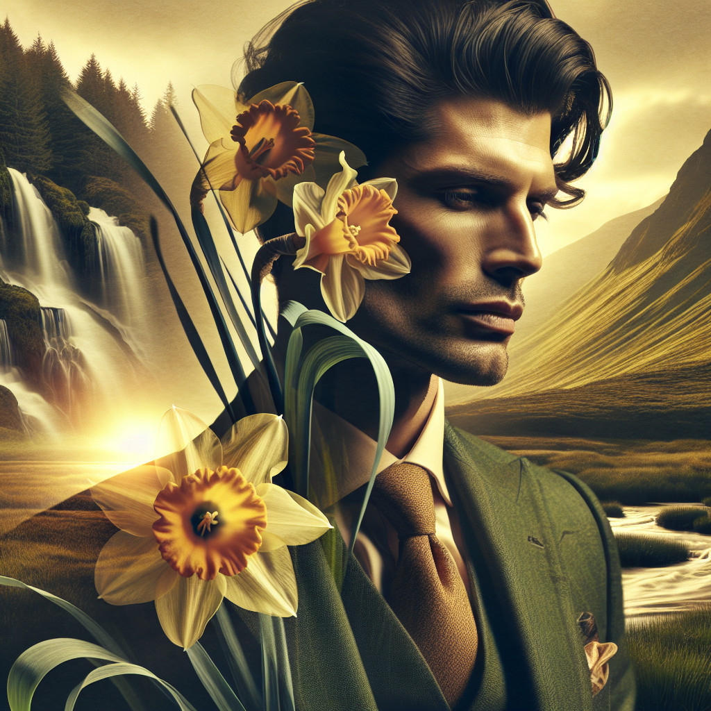 Serene Portrait of a Man with Daffodils and Landscape