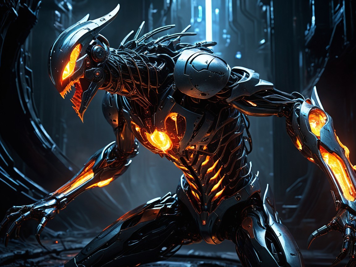 Biomechanical Creature in Dark Futuristic Setting