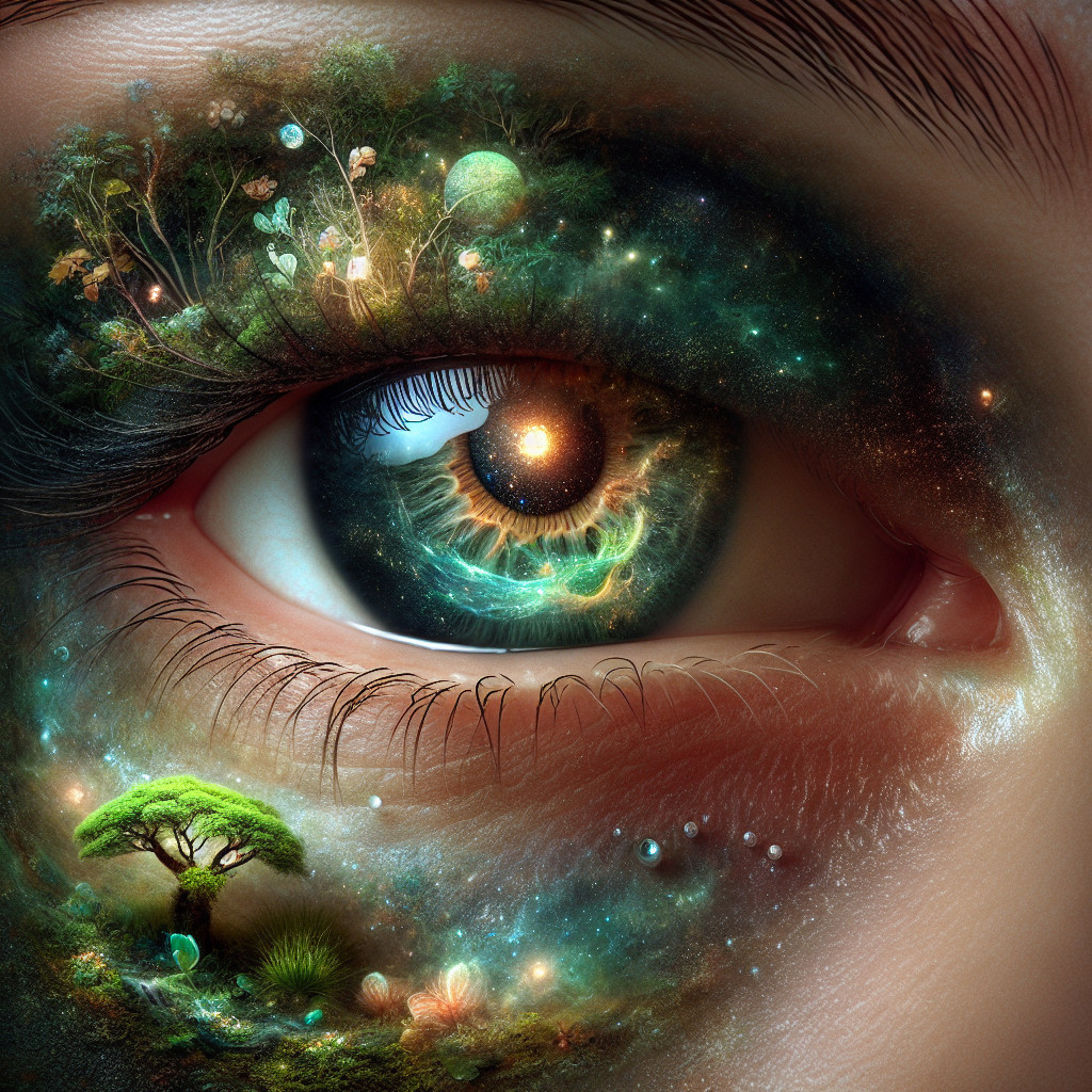 Close-up of Eye with Cosmic Landscape in Iris