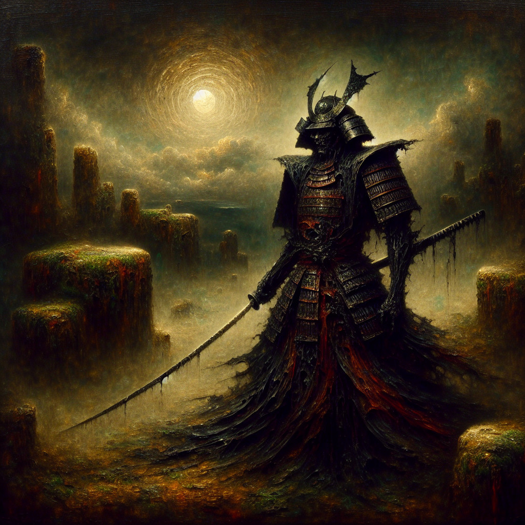 Mysterious Samurai in Foggy Landscape with Sword