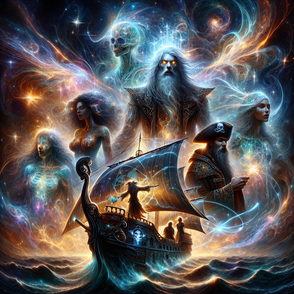 Ghostly Ship in Vibrant Cosmic Landscape with Spectral Figures