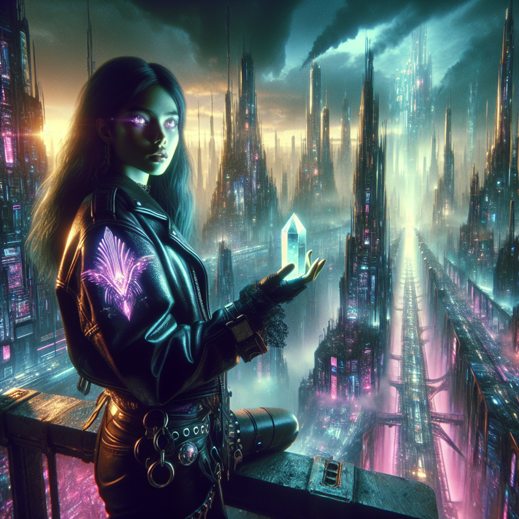 Futuristic Cityscape with Neon Lights and Young Woman