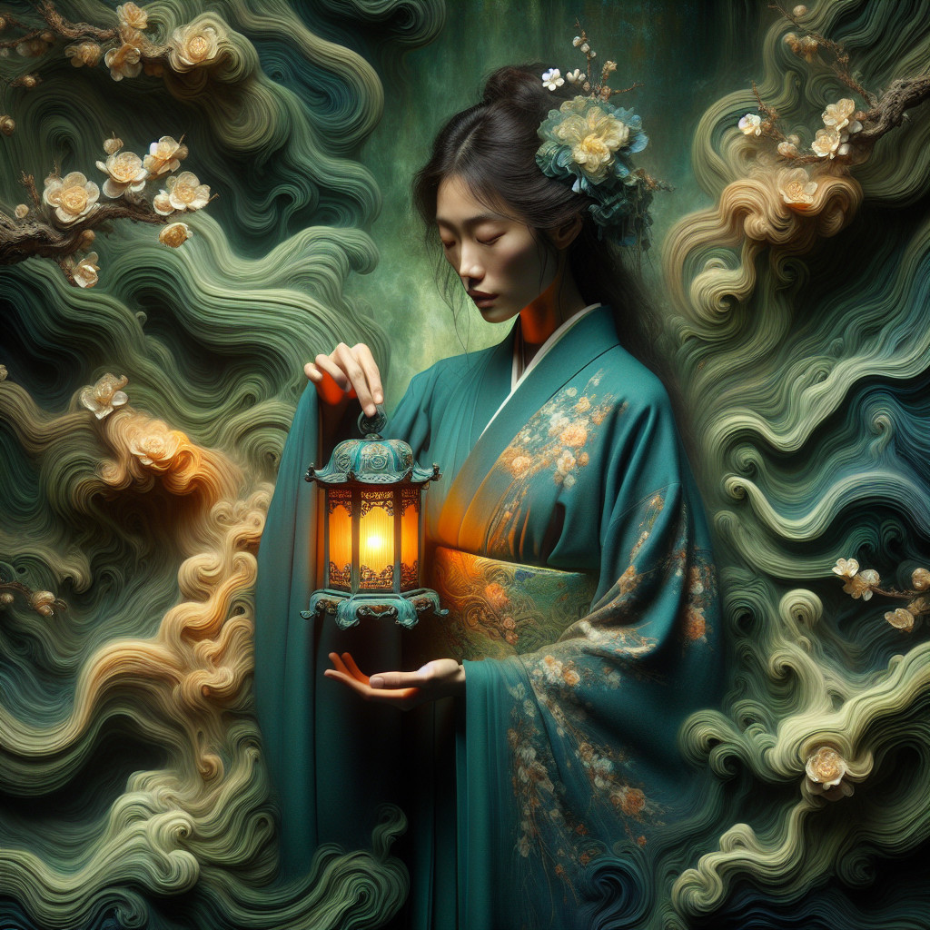 Serene Woman in Teal Kimono with Ornate Lantern