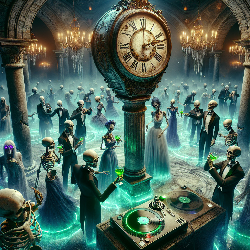 Skeletons Dancing in a Grand Hall with Chandelier Lights