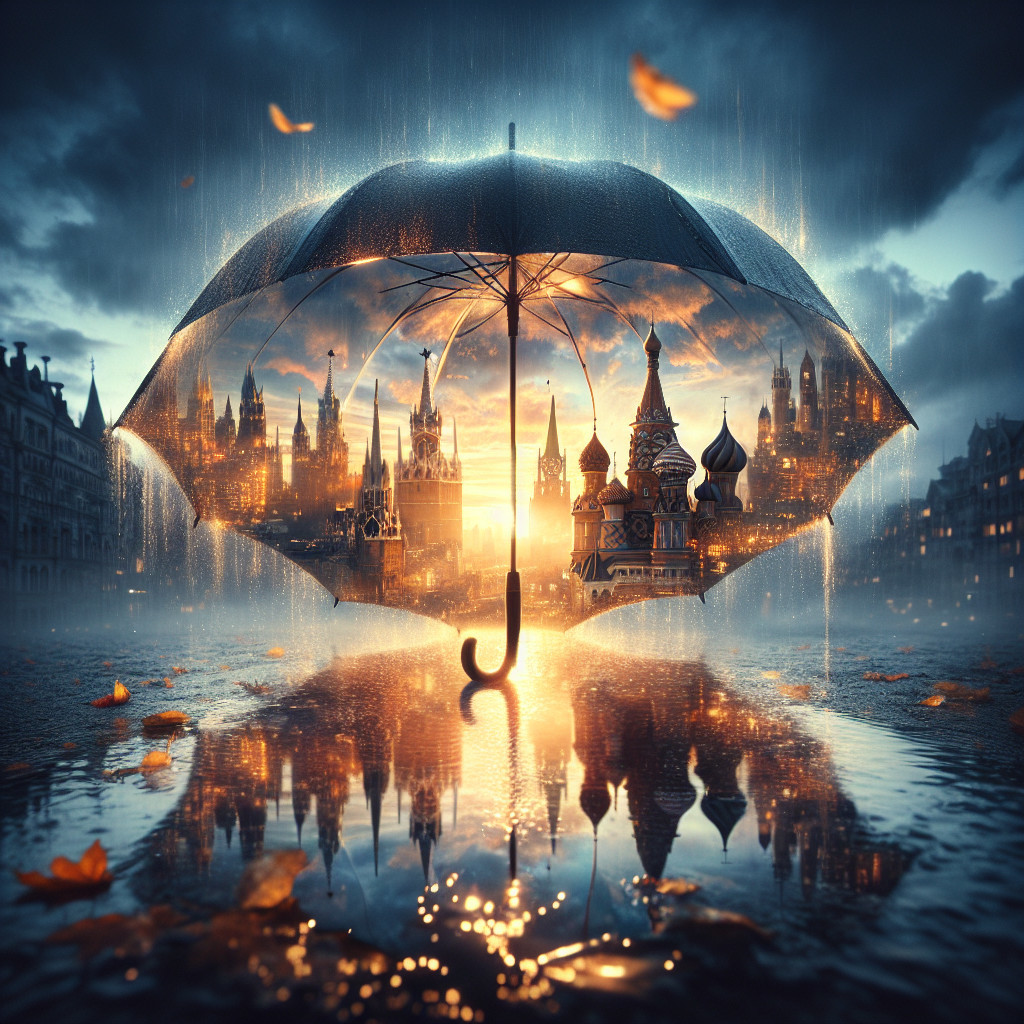 Surreal cityscape reflected in a transparent umbrella