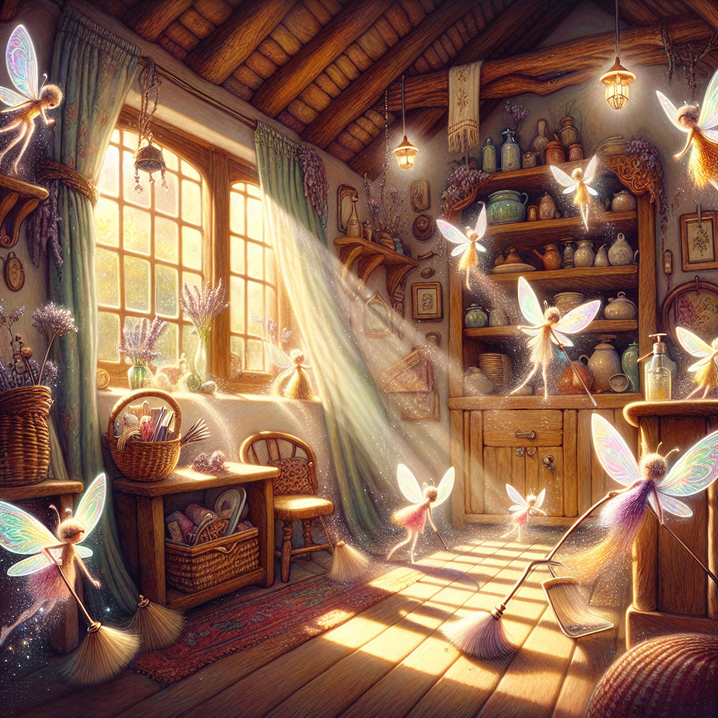Whimsical Cottage Interior with Sunlight and Fairies