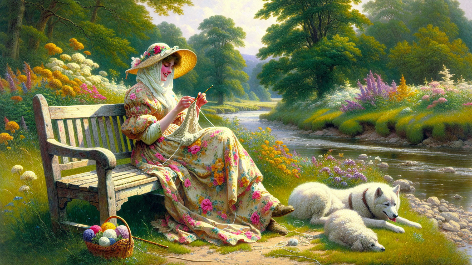 Woman in Floral Dress Knitting by Tranquil River