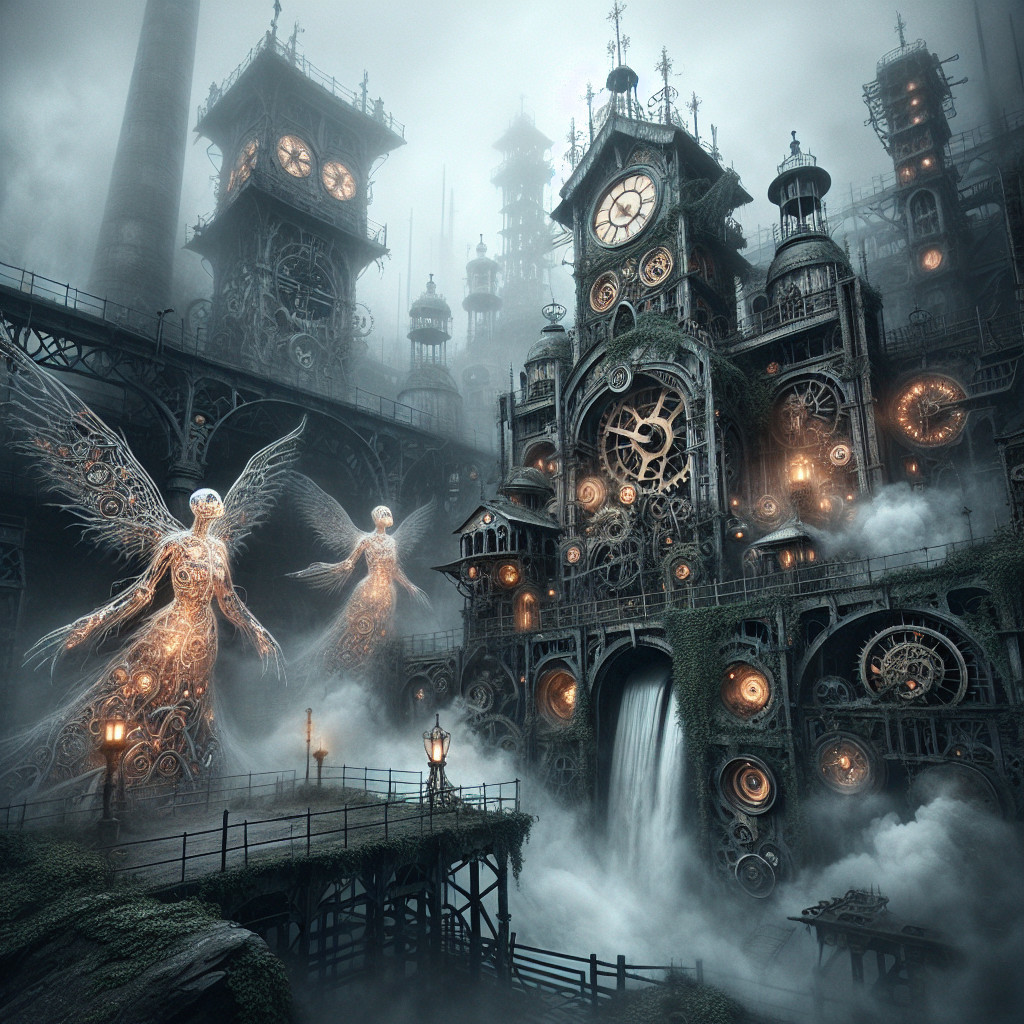 Steampunk City with Clockwork and Ethereal Beings