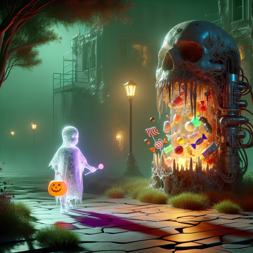 Ghost Child with Pumpkin Bucket on Foggy Halloween Street