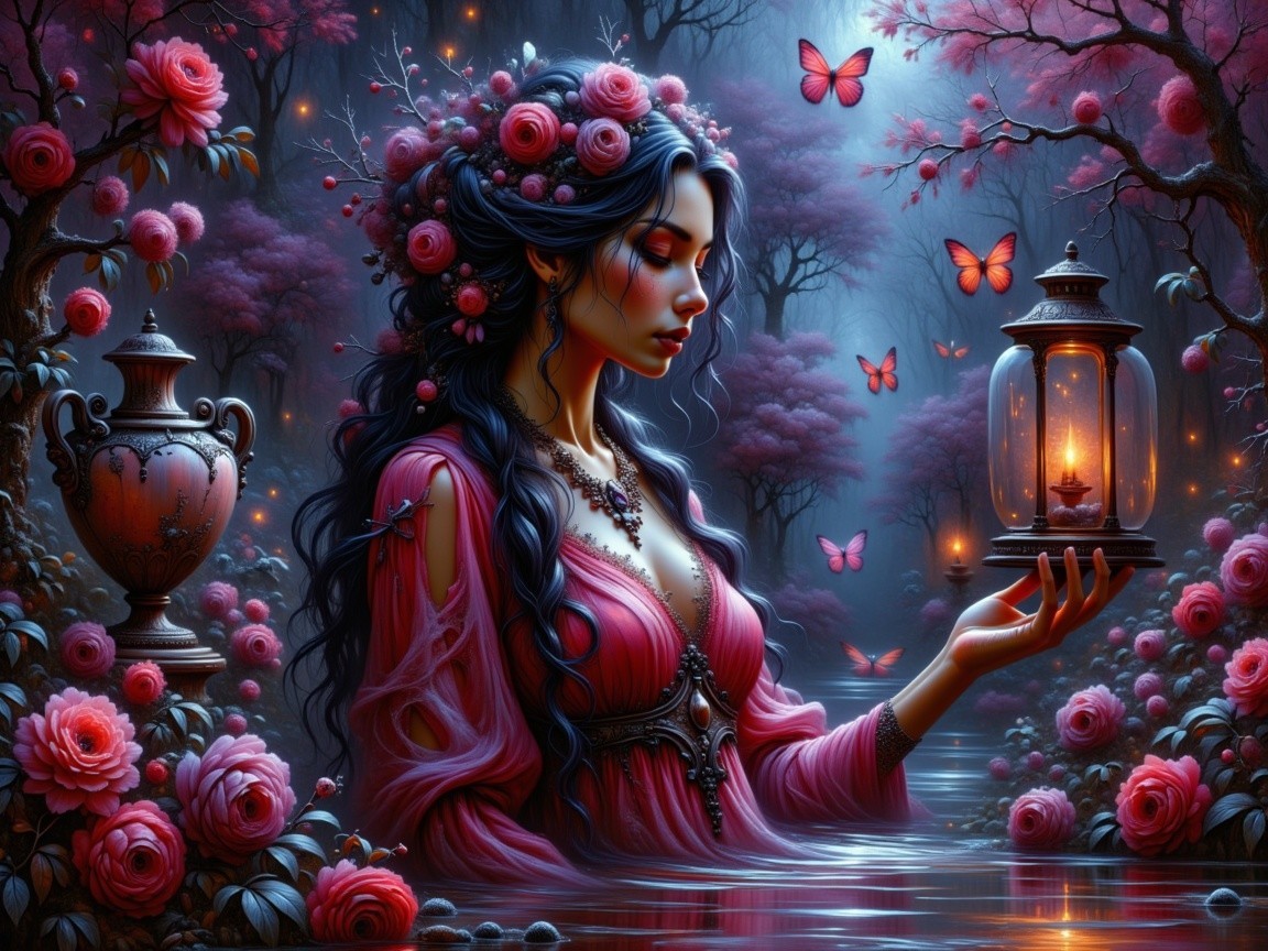 Mystical forest scene with serene figure and lantern