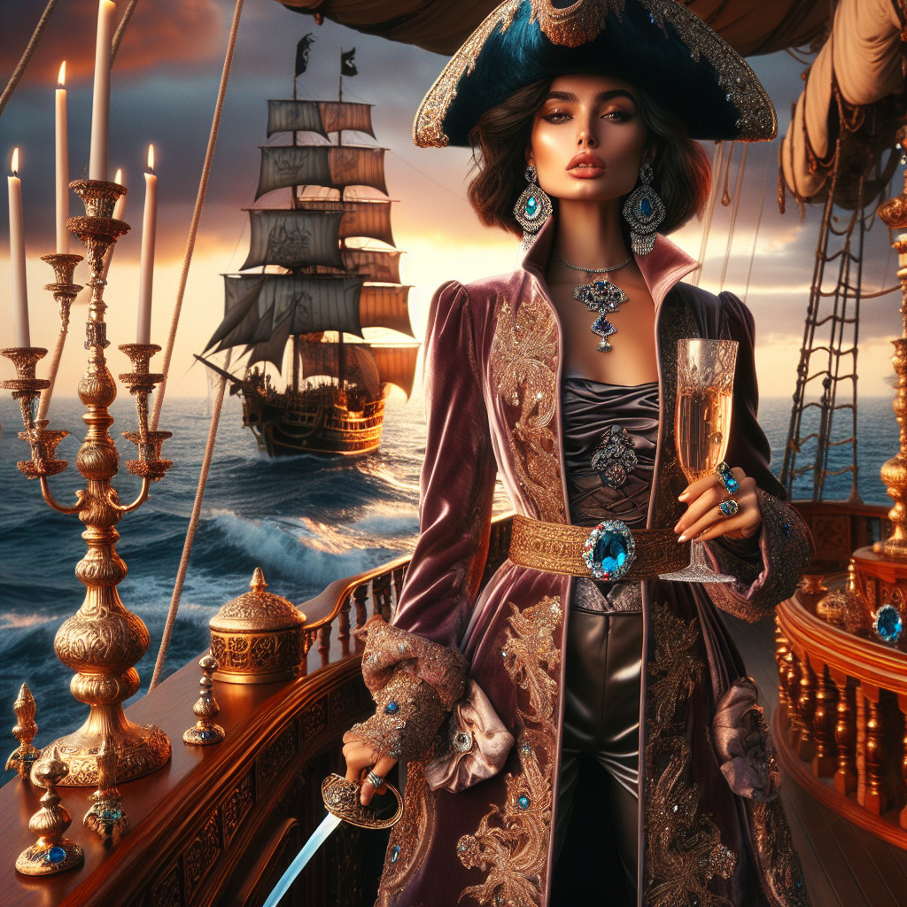 Glamorous Figure in Pirate Coat on Grand Ship Deck