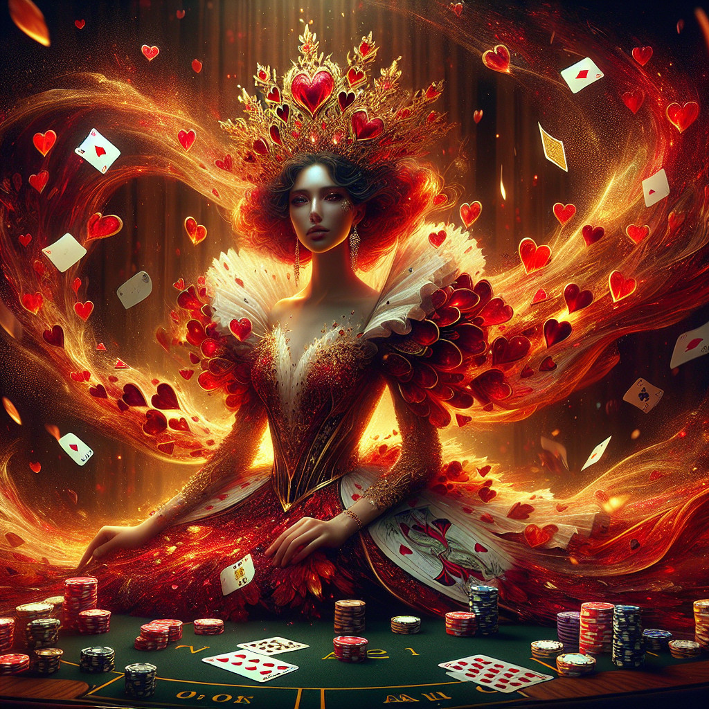 Queen figure in red and gold gown with flames and cards