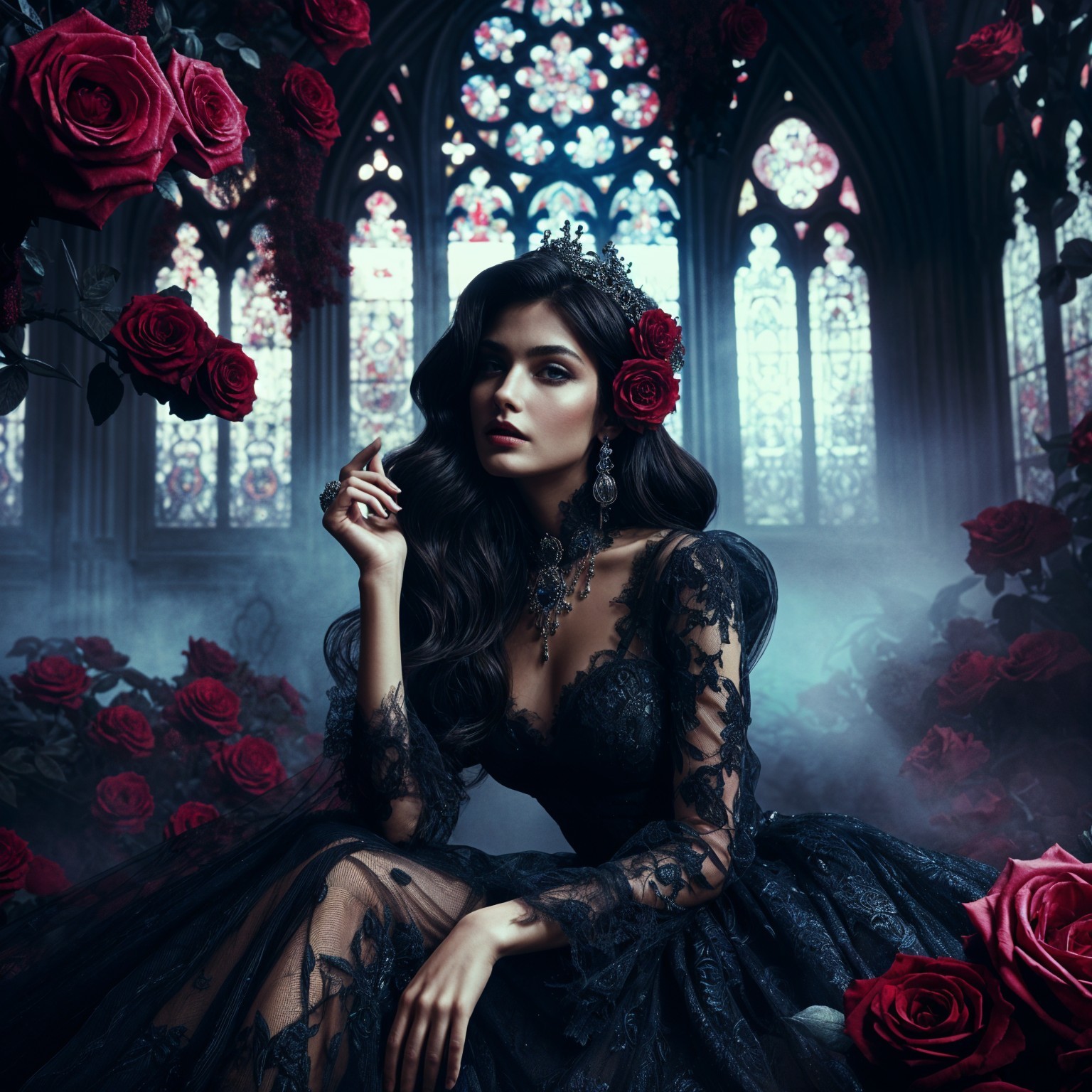 Gothic Elegance: Woman in Lace Gown Among Roses