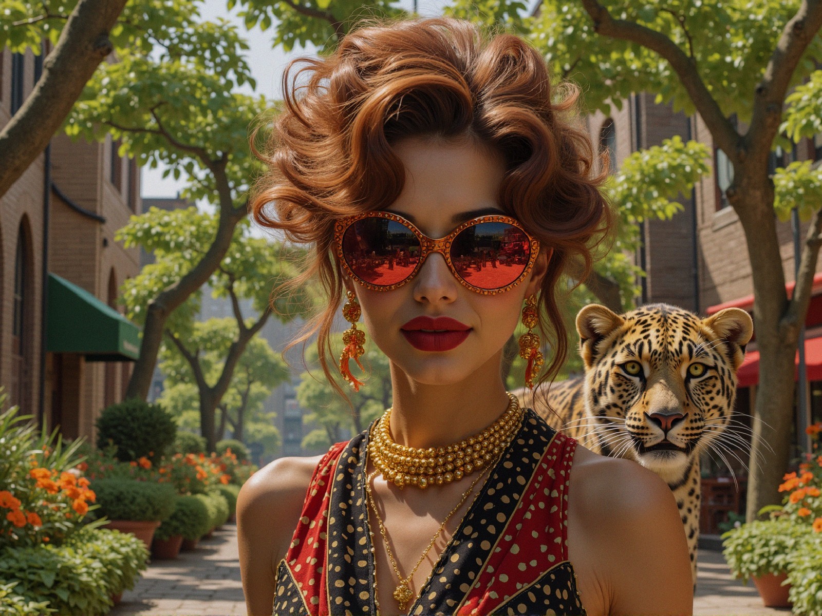 Stylish Woman with Leopard in Vibrant Outdoor Setting