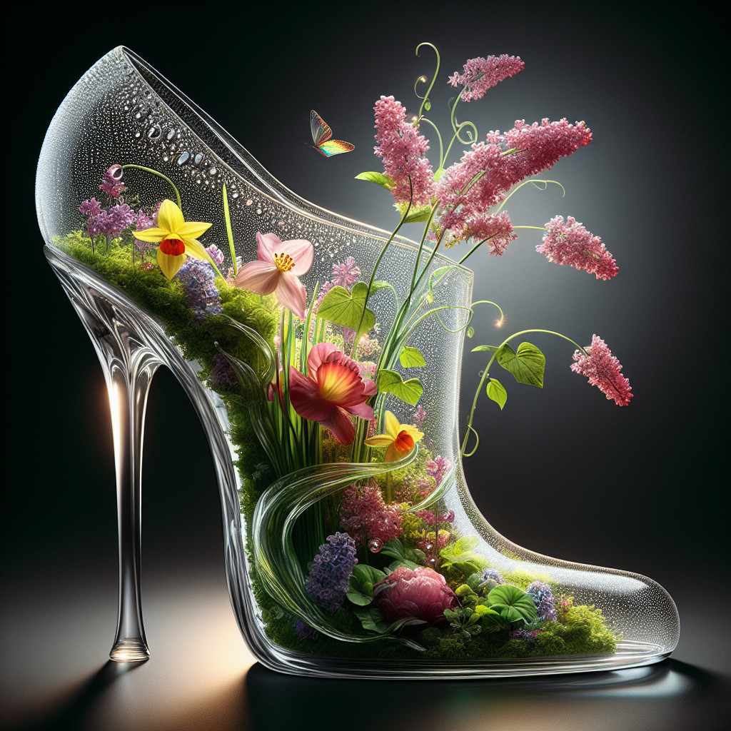 Transparent High-Heeled Shoe with Flowers and Butterflies
