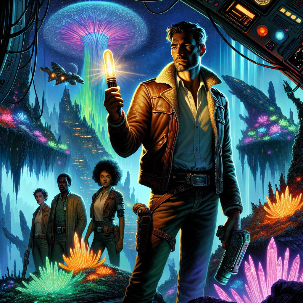 Mysterious man with glowing orb on neon cliff scene