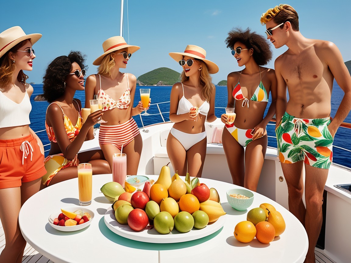 Vibrant Summer Yacht Scene with Stylish Individuals