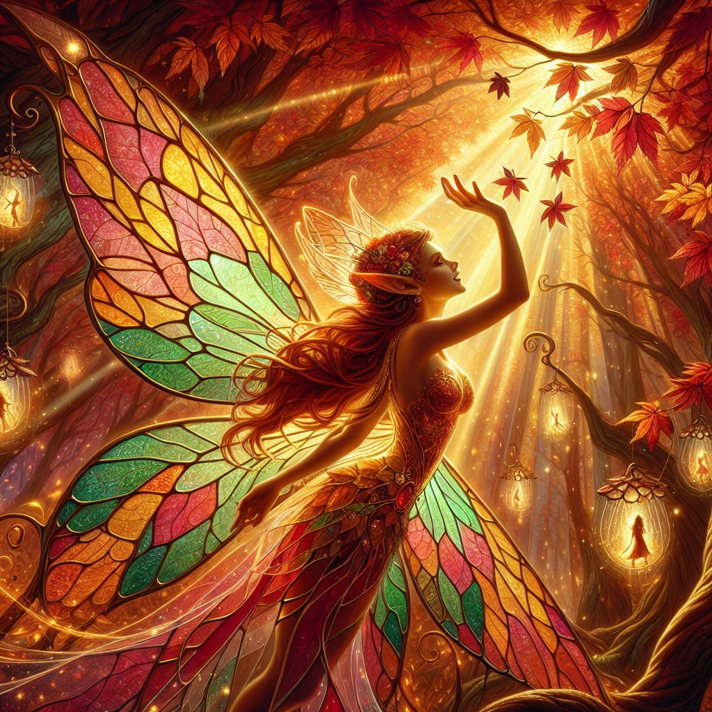 Fairy in Magical Forest with Stained Glass Wings