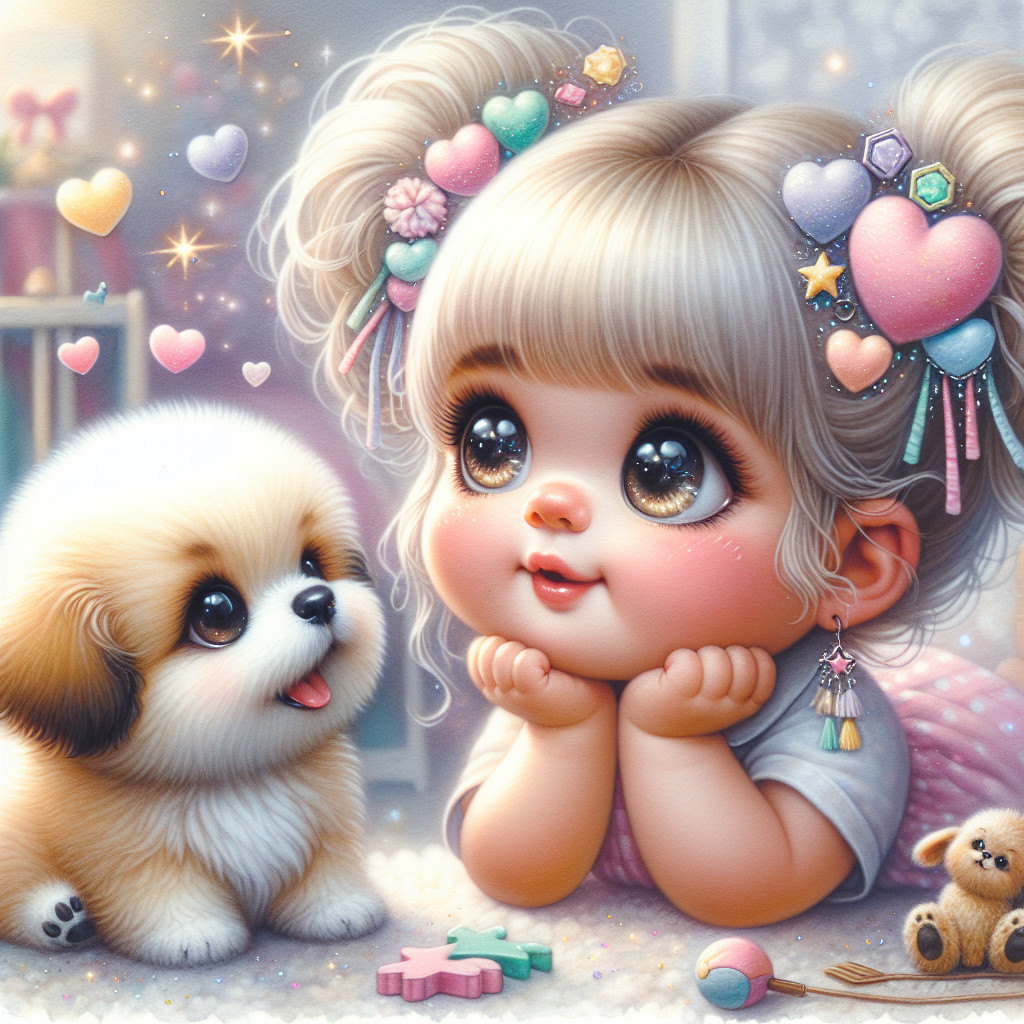 Whimsical Scene of Child with Puppy in Pastel Colors