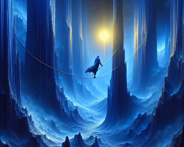 Surreal Landscape with Cloaked Figure on Tightrope