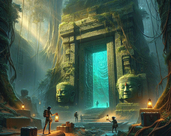 Ancient Jungle Temple with Vibrant Vegetation and Portal