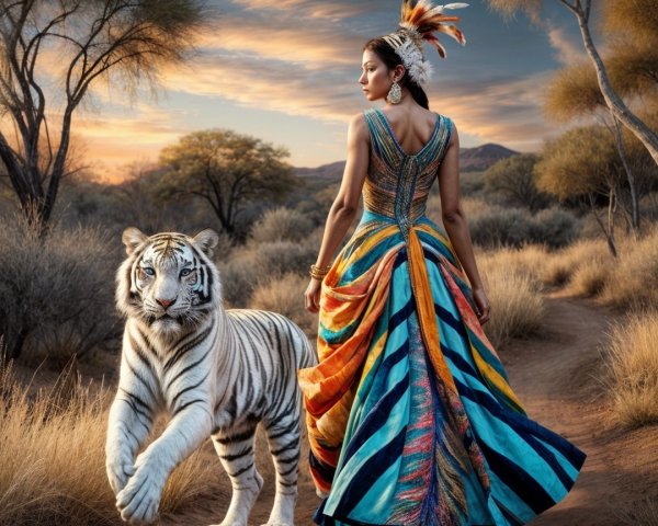 Woman in vibrant dress walks with white tiger at sunset