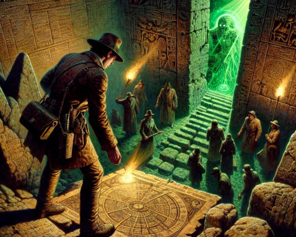 Explorer Examines Ancient Stone Tablet with Portal