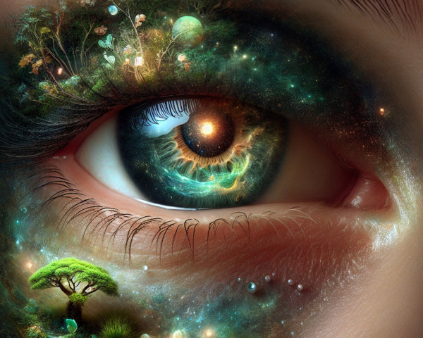 Close-up of Eye with Cosmic Landscape in Iris