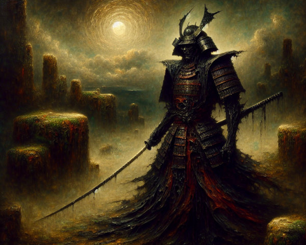 Mysterious Samurai in Foggy Landscape with Sword